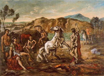 150の主題の芸術作品 Painting - 海辺の騎士と馬 ジョルジョ・デ・キリコ シュルレアリスム